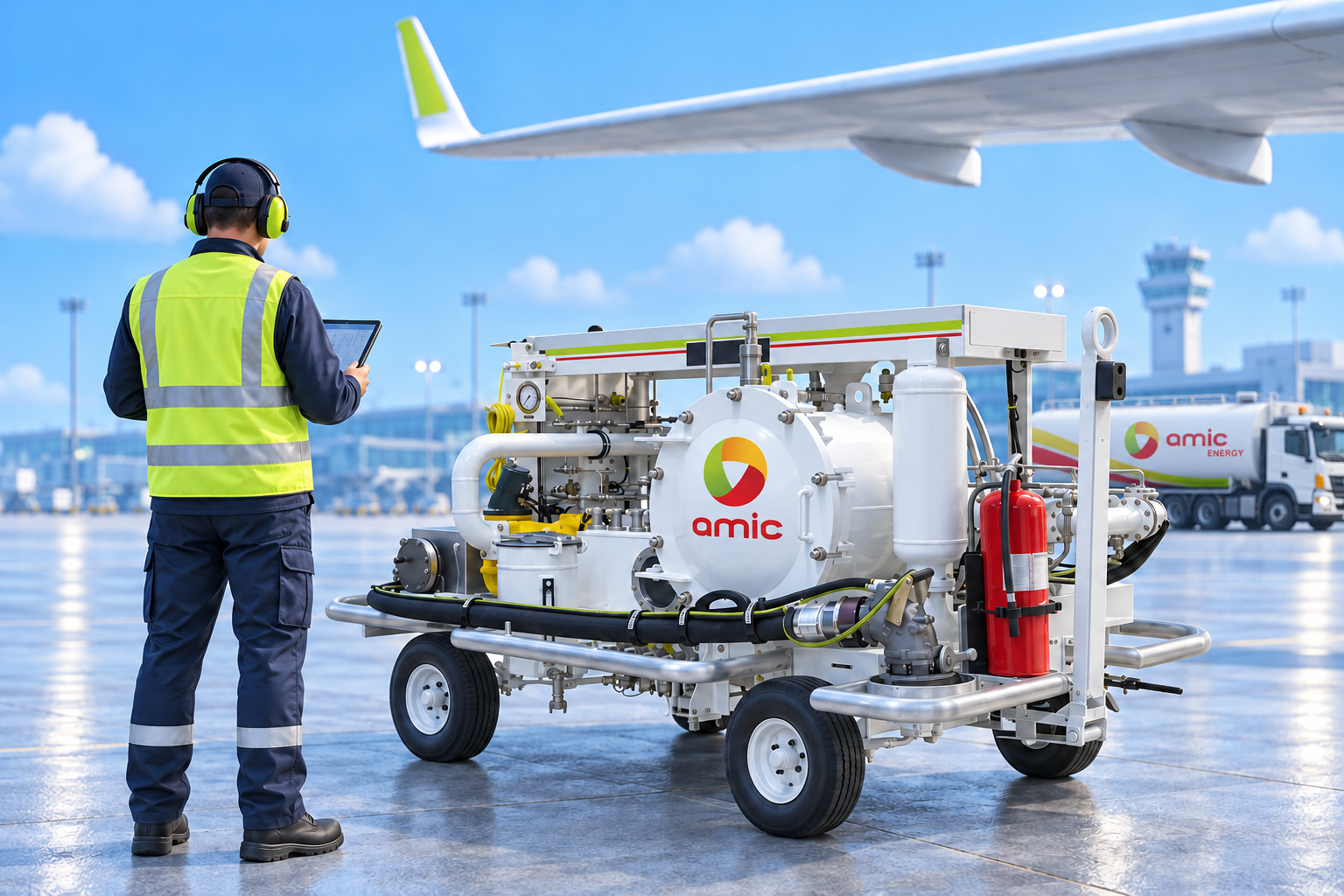 Back view of a technician with a tablet beside aviation refuelling equipment